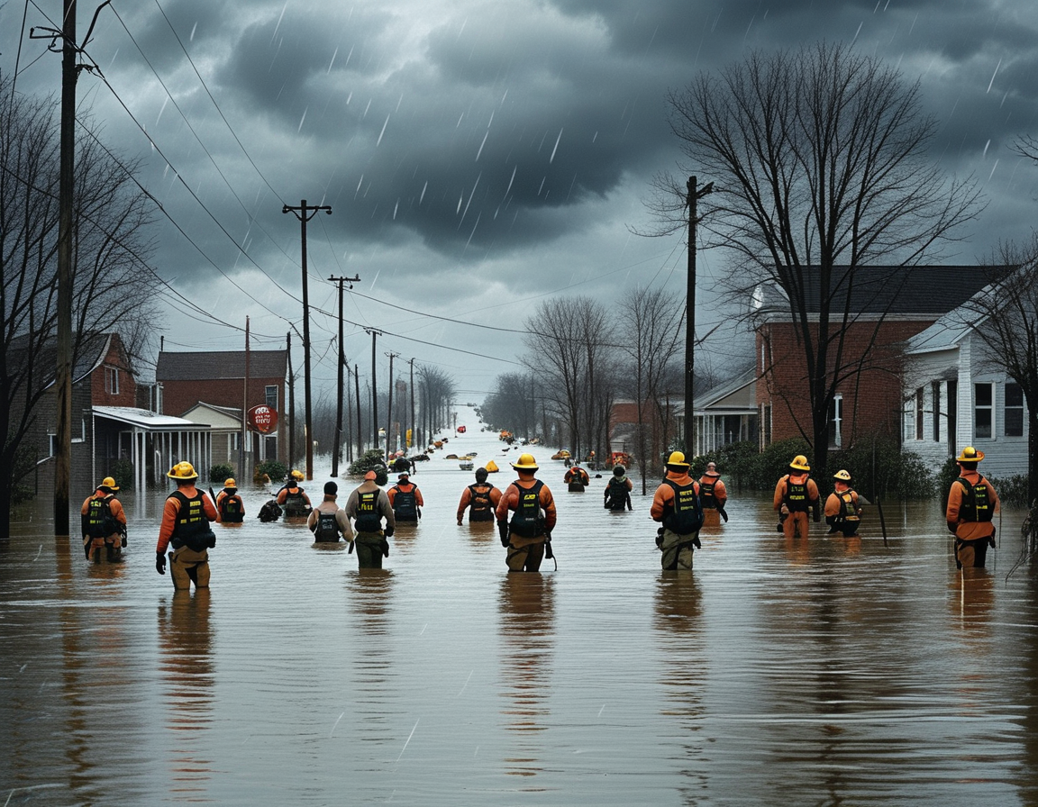 A somber scene depicting flooded streets in Kentucky, showing emergency responders rescuing stranded residents as dark clouds loom overhead, symbolizing the chaos of winter storms.