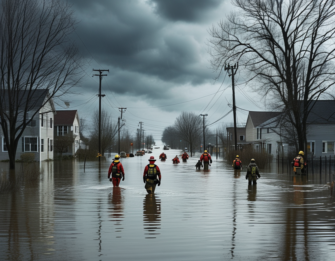 An aerial view of a community rallying together, with volunteers and neighbors assisting flood victims amidst derelict homes, showcasing the spirit of solidarity during disaster recovery.