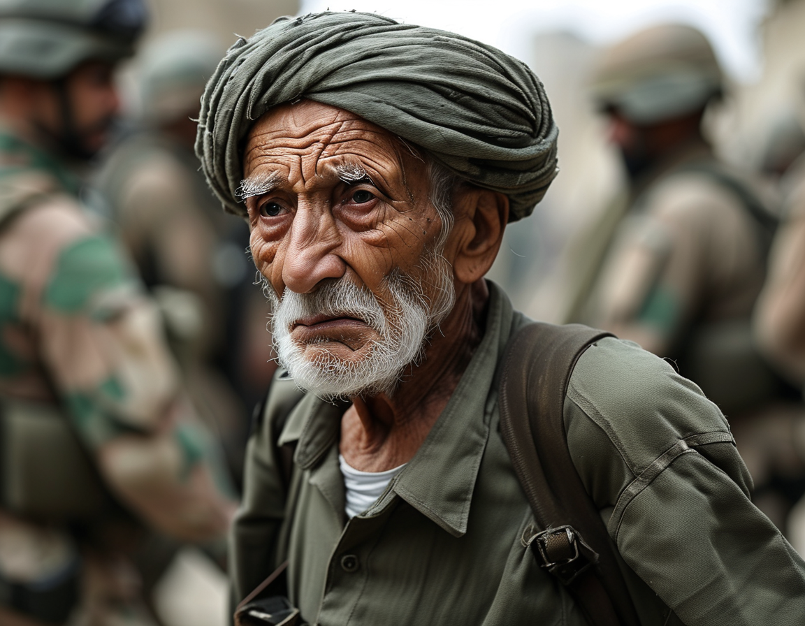 An elderly Palestinian man, visibly distressed, is seen walking amidst soldiers, embodying the haunting reality of being used as a human shield in conflict zones.