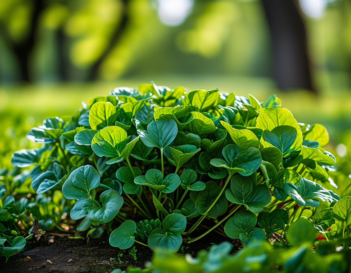A vibrant bunch of wild spinach leaves growing in a lush green park, showcasing the dense foliage and rich colors characteristic of this nutritious plant.