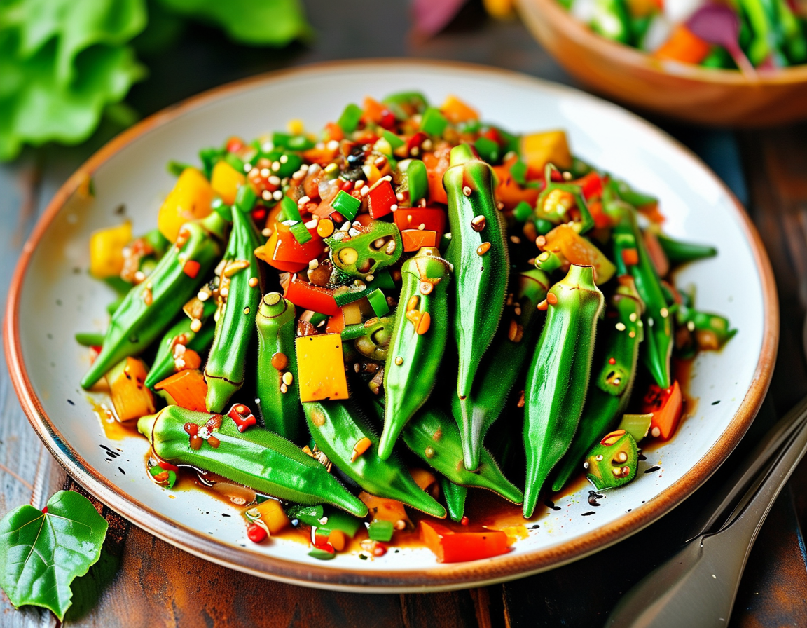 A colorful plate of freshly cooked okra, showcasing its vibrant green color, alongside a variety of dishes like stir-fried vegetables and a smoothie, highlighting its versatility in meals.
