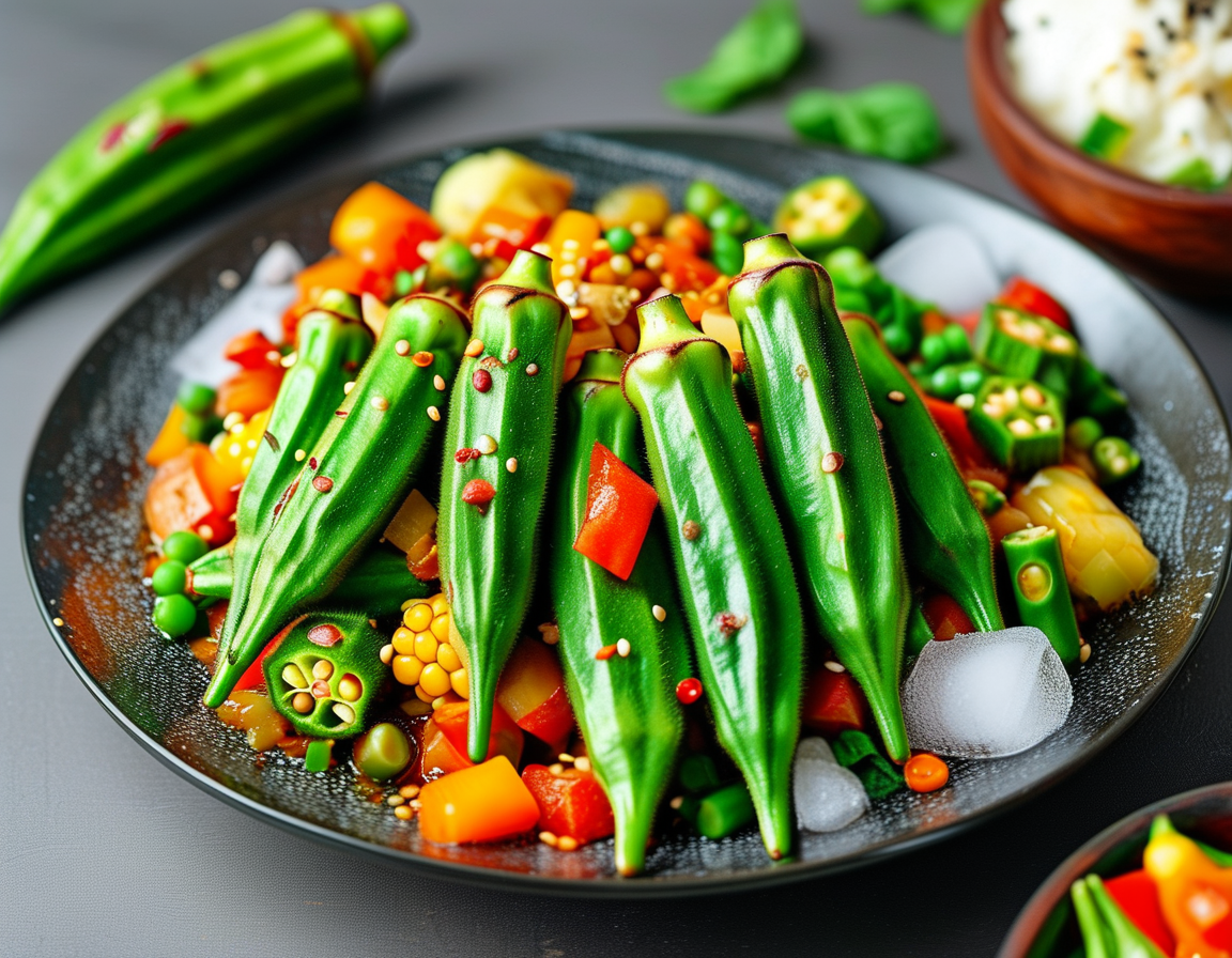 A close-up of okra pods and slices on a wooden cutting board, surrounded by spices and herbs, illustrating the cooking potential of okra in various recipes.
