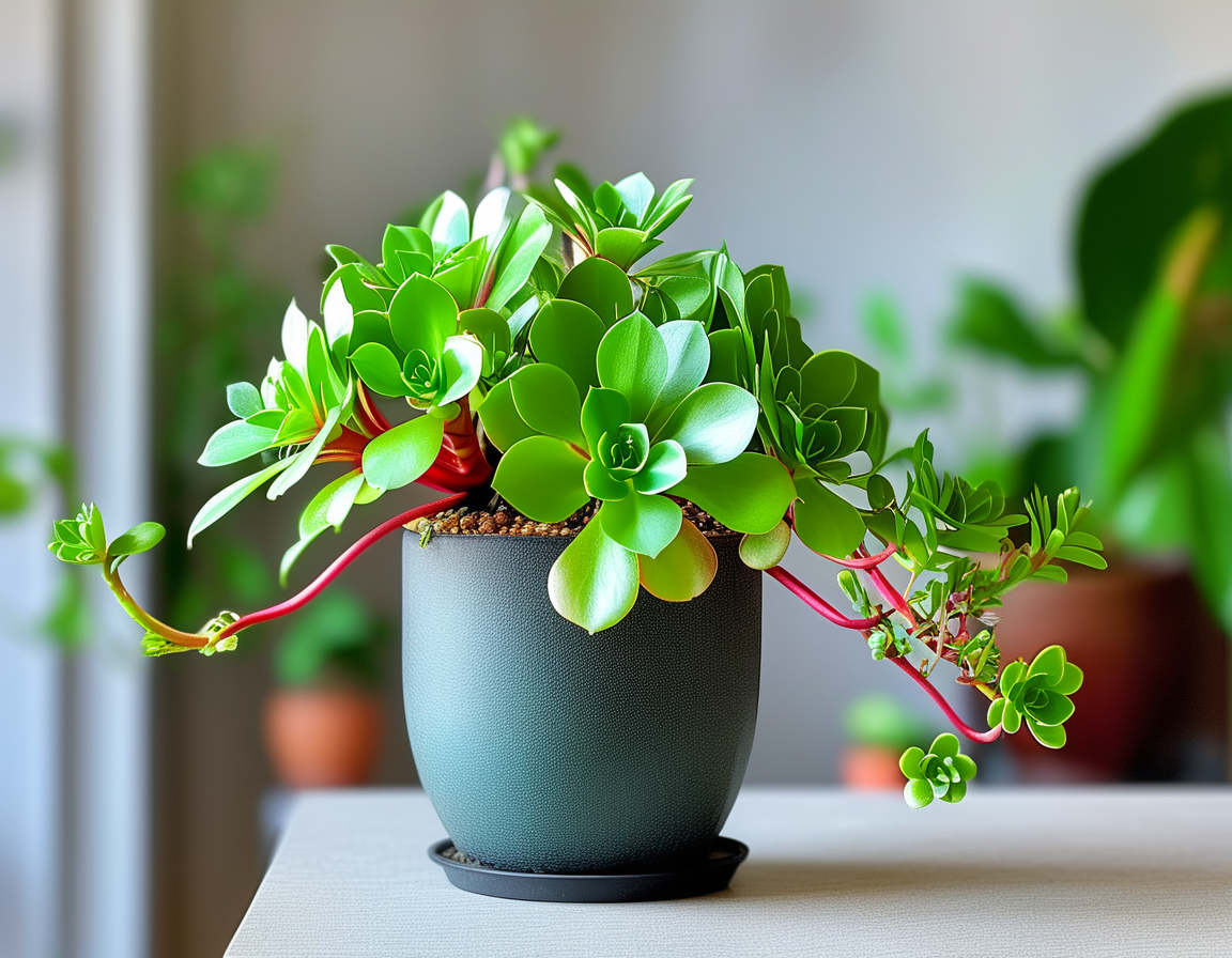 A vibrant Bryophyllum daigremontianum plant displayed in a well-lit room, showcasing its lush green leaves and the tiny plantlets sprouting from its edges. The background features minimalist decor, highlighting the plant's beauty.