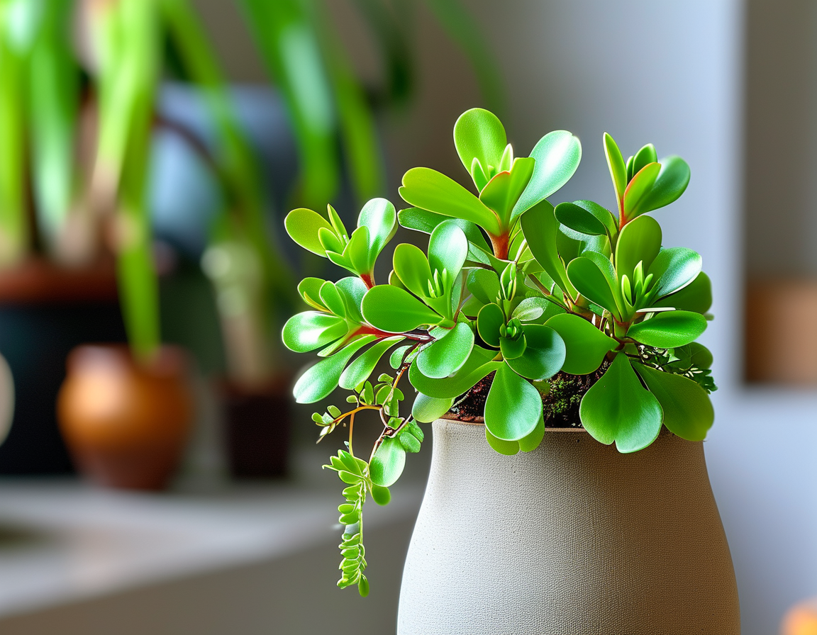 Close-up of Bryophyllum daigremontianum leaves showing tiny plantlets growing at the edges, demonstrating its unique propagation method. The sunlight softly illuminates the green foliage, emphasizing its vitality.
