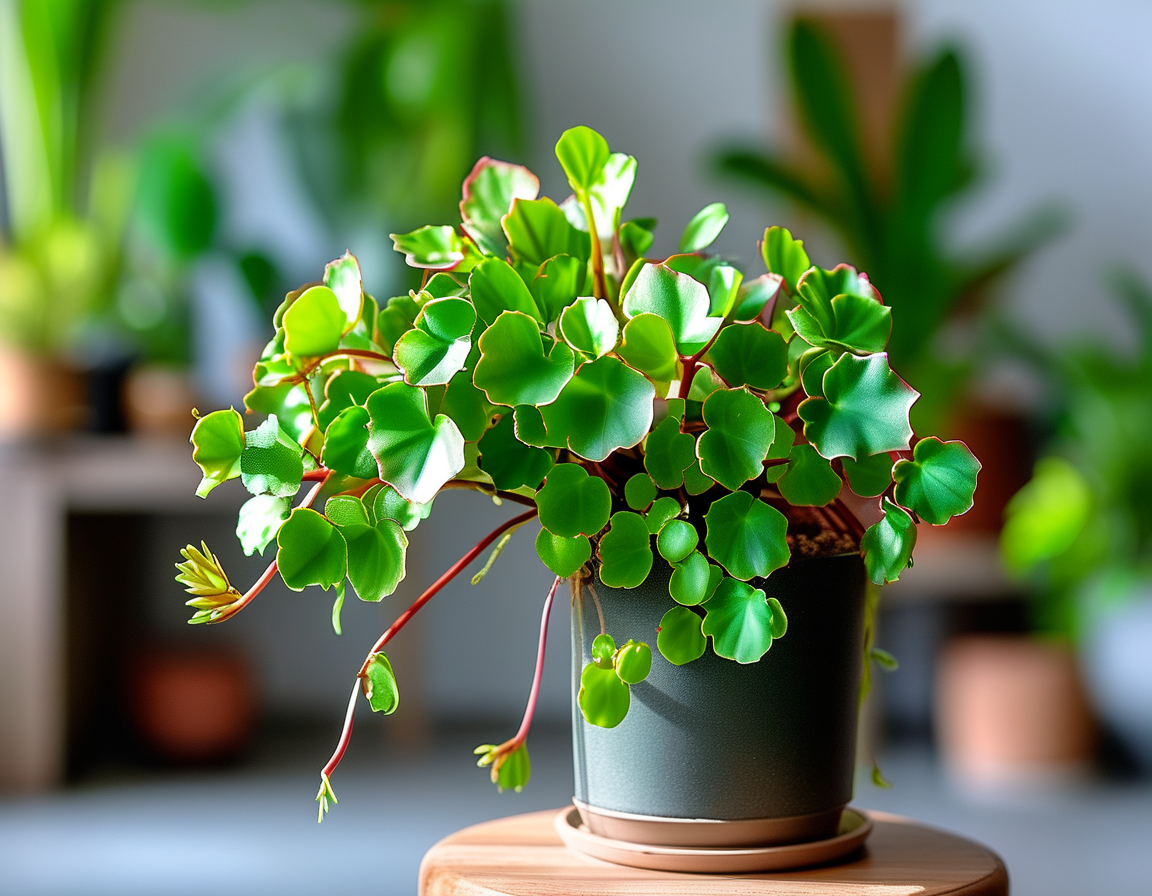 A gardener gently propagating Bryophyllum daigremontianum by placing a leaf in soil, surrounded by gardening tools and other vibrant houseplants, representing the simplicity and joy of plant care.