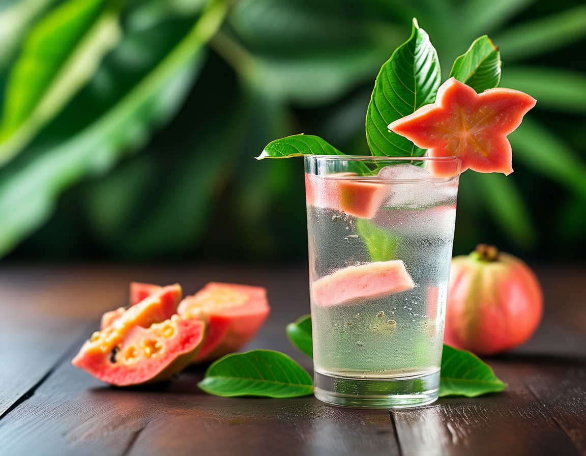 A refreshing glass of guava leaf water garnished with fresh guava leaves, set against a backdrop of tropical fruits, symbolizing health and wellness benefits.