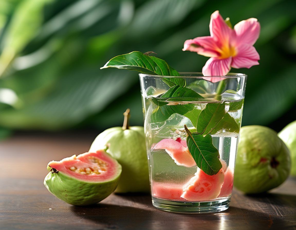 A close-up of guava leaves with droplets of water, showcasing their freshness, emphasizing their rich antioxidant properties for immune support.