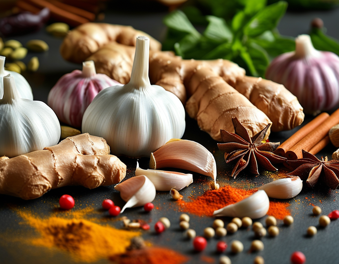 A vibrant kitchen scene featuring a variety of spices like ginger, garlic, and cinnamon, alongside fresh ingredients, showcasing their versatility in cooking.