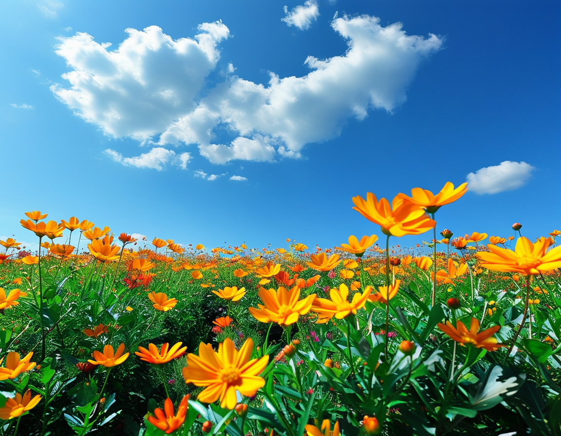 A vibrant field of Helichrysum arenarium flowers under a clear blue sky, showcasing their bright yellow blooms and lush green foliage, representing natural wellness.