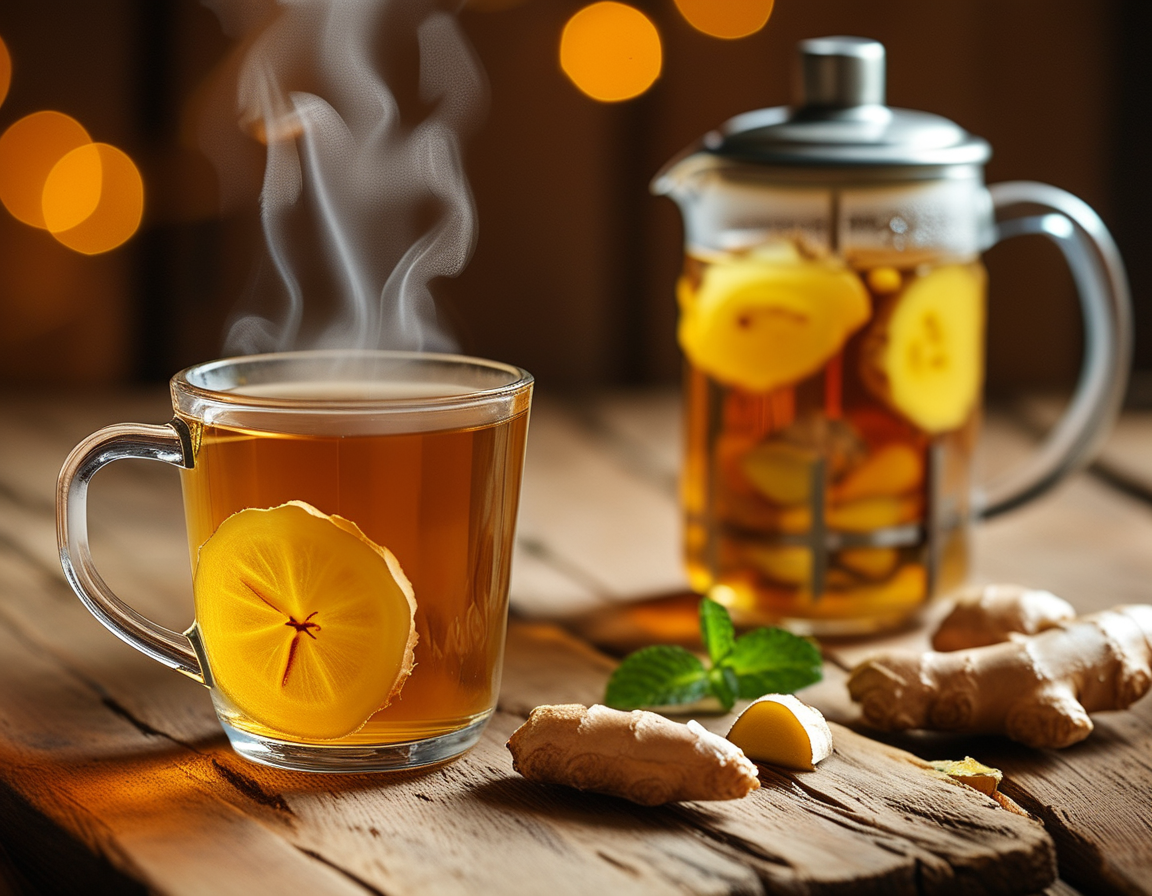 A warm cup of ginger-Lipton tea sits on a wooden table, surrounded by fresh ginger slices and a teabag, with a cozy atmosphere inviting relaxation and comfort.