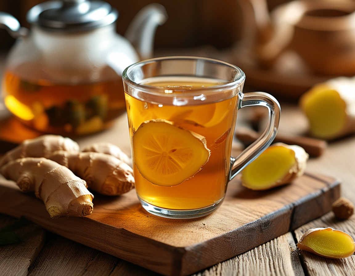 A person enjoying a soothing cup of ginger tea, looking relaxed while seated on a couch, symbolizing comfort and relief from back pain.