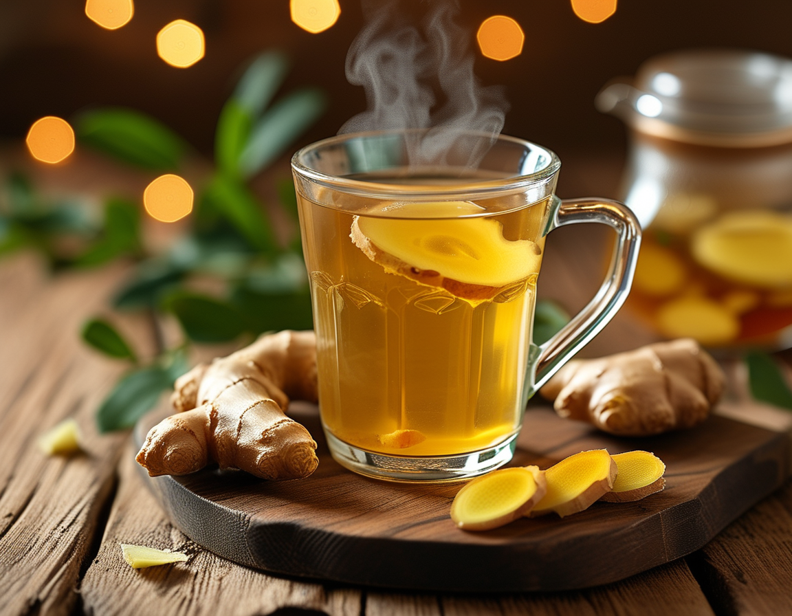 Close-up of ginger root and Lipton tea bags on a kitchen counter, with steam rising from a freshly brewed cup, representing natural health solutions.
