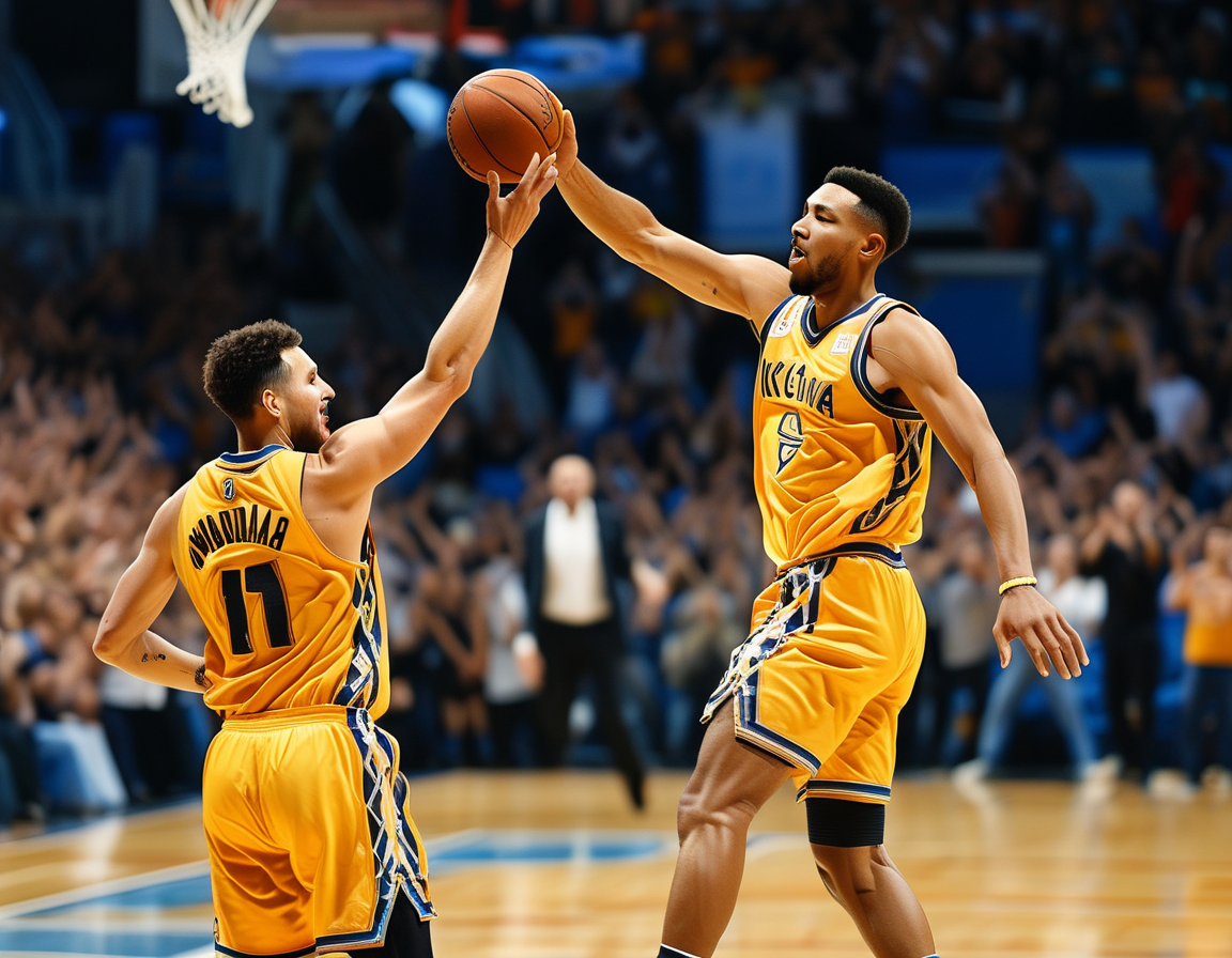 An action shot capturing Nikola Jokic passing the ball in mid-air to Victor Wembanyama, who is soaring for an alley-oop dunk. The crowd is cheering in the background, encapsulating the excitement of the moment.