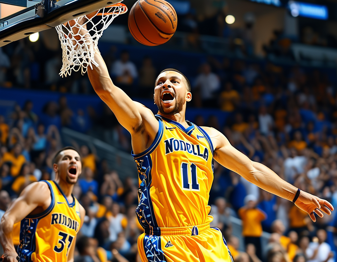 A slow-motion frame showcasing the perfect alignment of Jokic's pass and Wembanyama's leap, highlighting the grace and skill of both players. Fans in the stands are in awe, creating a vibrant atmosphere.
