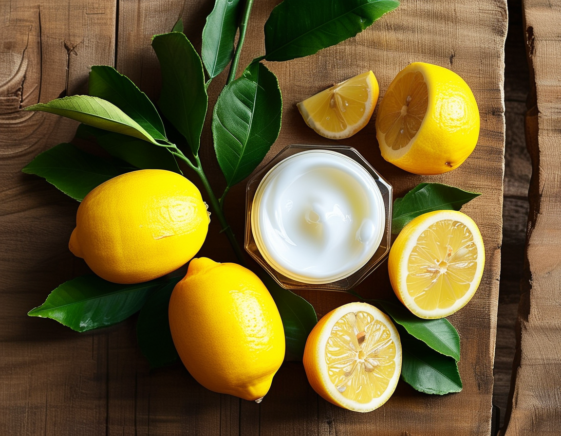 An artistic arrangement of fresh lemons and a jar of Vaseline on a wooden surface, showcasing the natural ingredients for skin care. The image emphasizes the bright yellow color of the lemons contrasting with the clear, glossy texture of Vaseline.