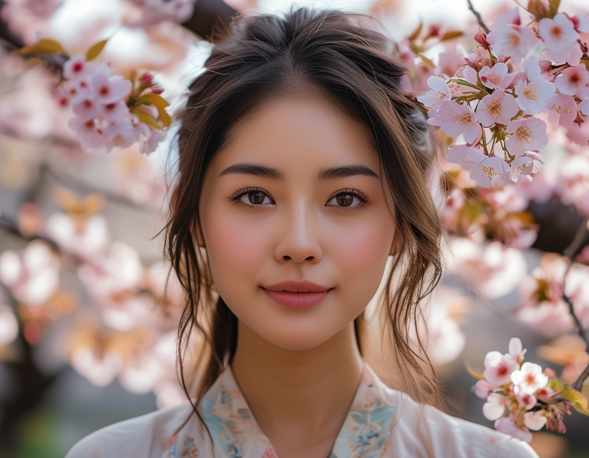 An elegant Asian girl with a radiant smile stands against a backdrop of cherry blossoms, symbolizing beauty beyond skin deep, embracing cultural pride. Her poise reflects inner strength, merging traditional and modern aesthetics.