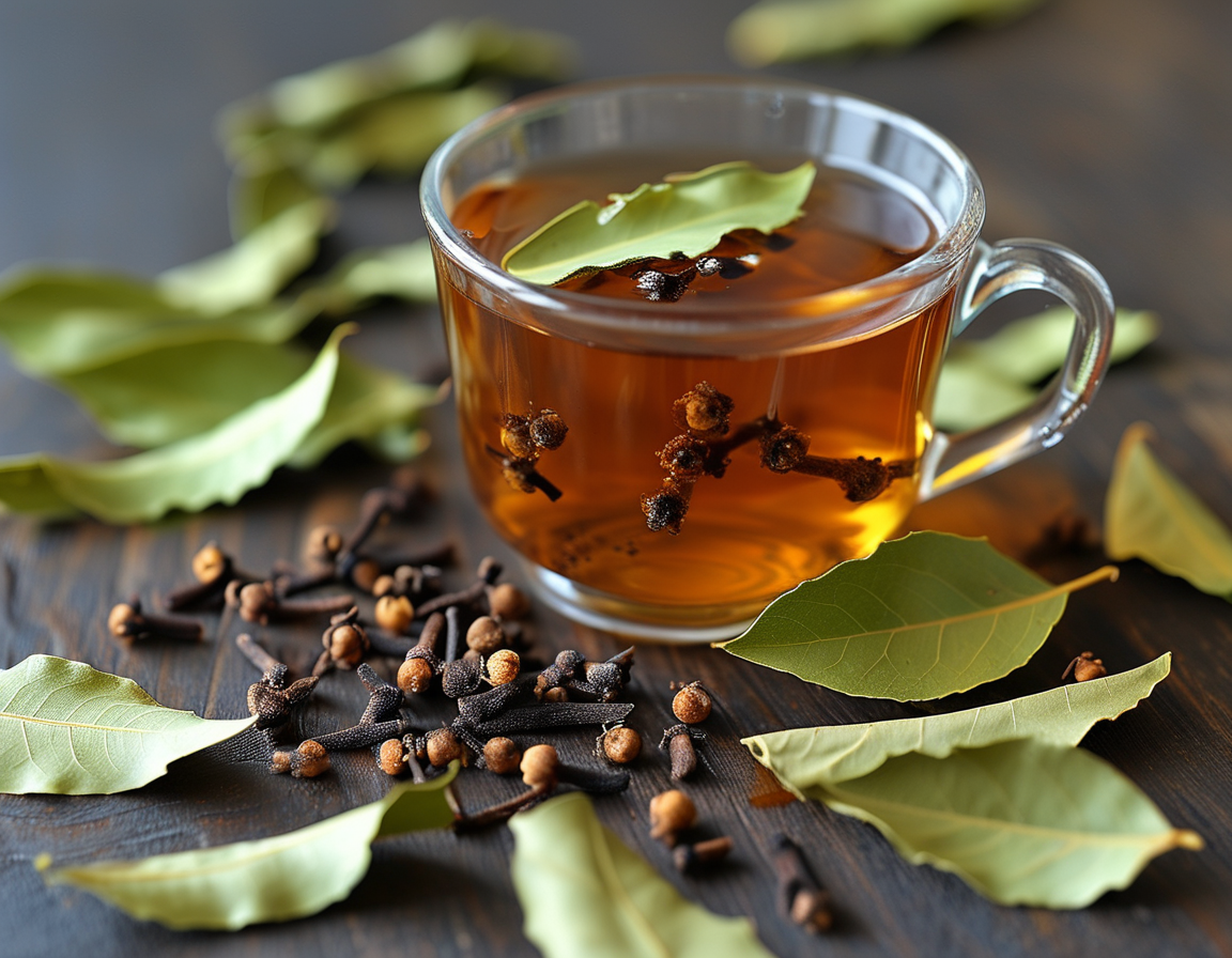 A warm cup of bay leaf and clove tea surrounded by dried bay leaves and whole cloves, showcasing the ingredients that contribute to its health benefits.