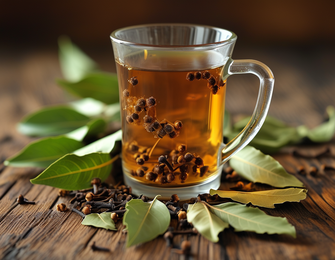 An inviting scene of a cozy kitchen, with a kettle boiling and ingredients for bay leaf and clove tea neatly laid out, emphasizing the simplicity of preparation.
