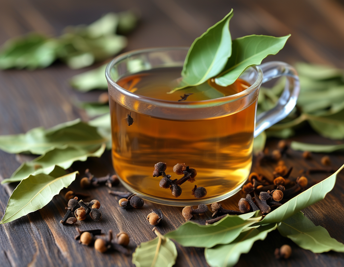 A close-up shot of a steaming cup of herbal tea, with herbs floating on top, symbolizing the calming and soothing effects of bay leaf and clove tea on relaxation.