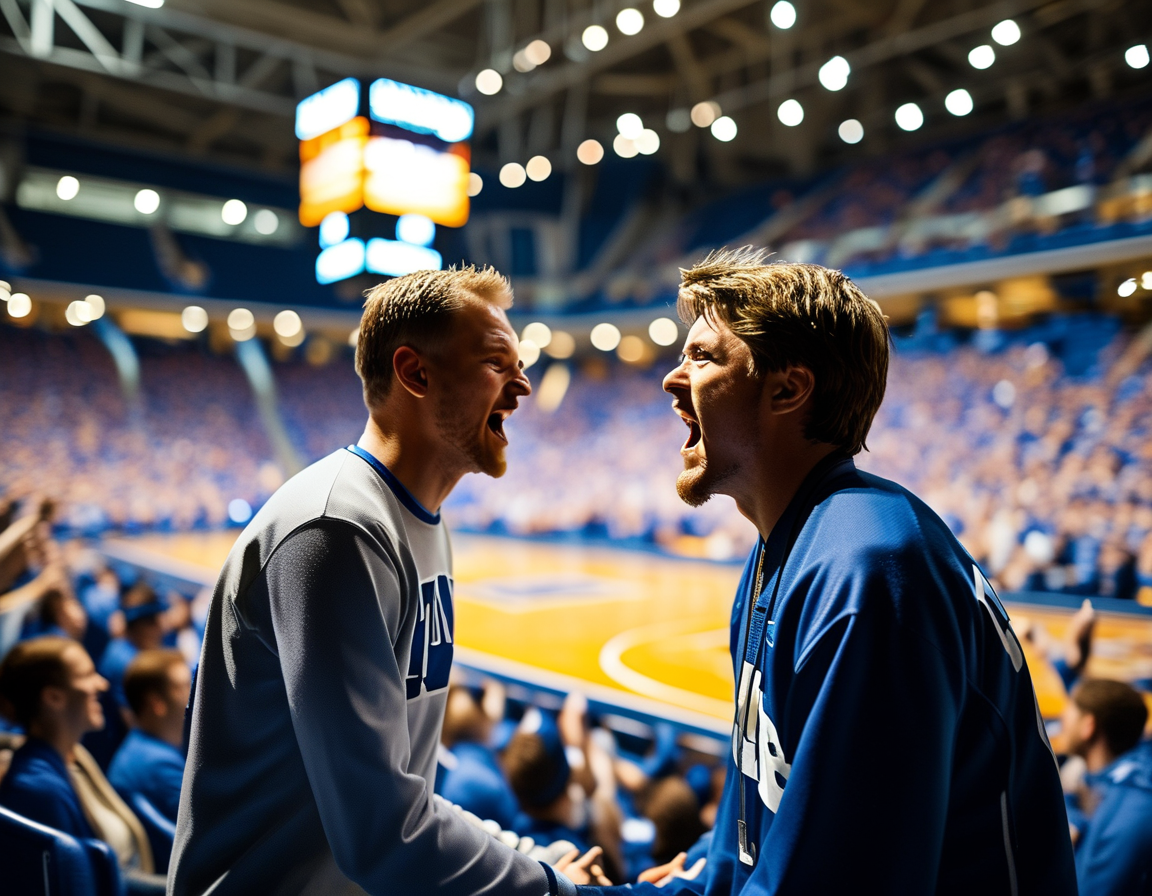 The image shows a packed John Paul Jones Arena with enthusiastic fans cheering, while players from both Duke and Virginia compete fiercely on the court during their intense ACC clash.