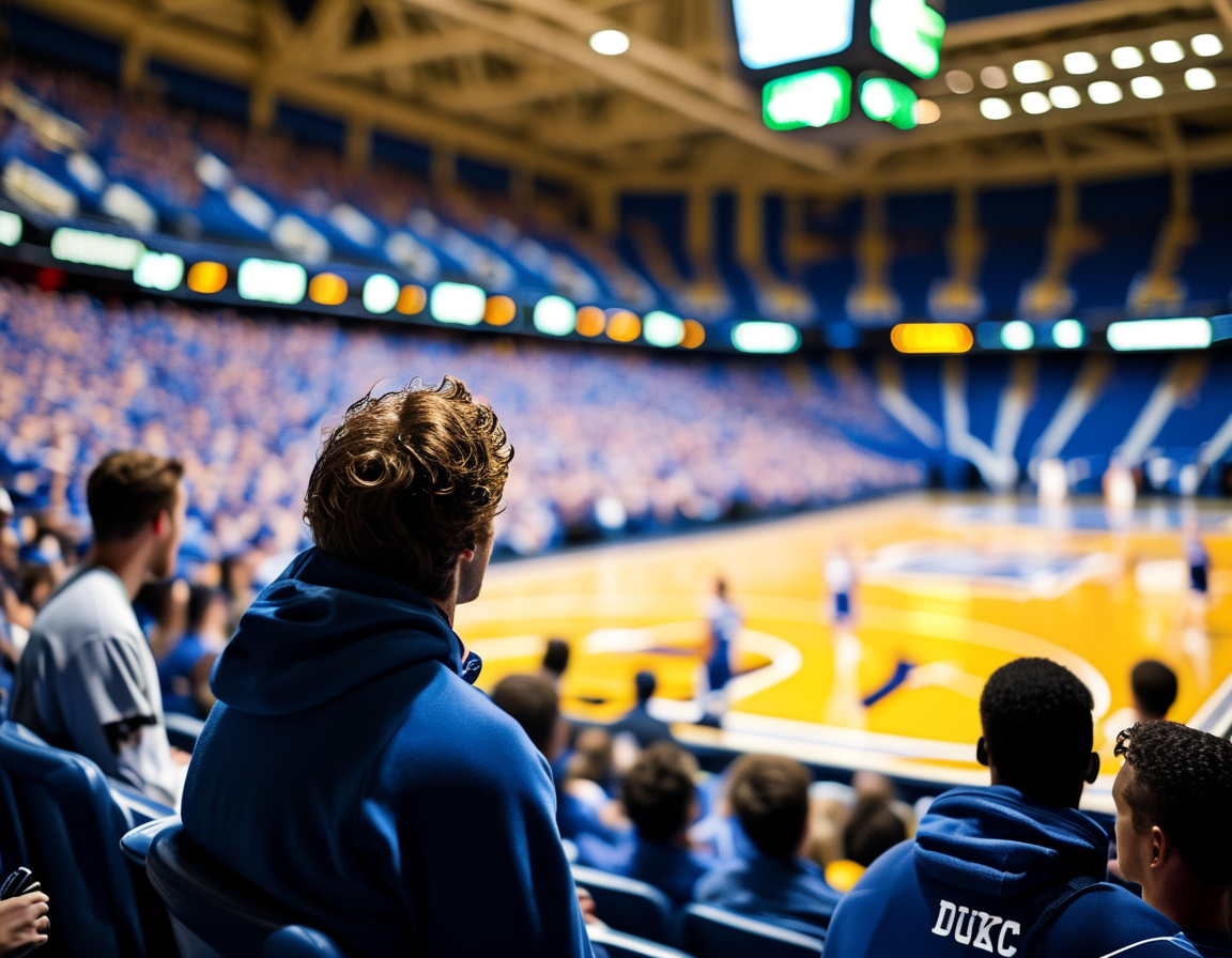 An action shot of Andrew Rohde dribbling the ball down the court, with Duke defenders closing in, illustrating the pressure he faces as he tries to lead Virginia against their rivals.