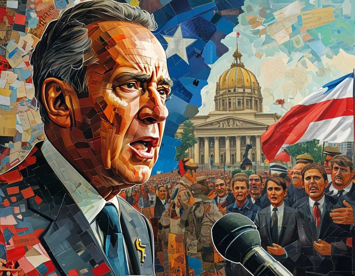 A collage depicting President Javier Milei addressing a crowd, a crashing cryptocurrency graph, and frustrated citizens representing economic despair in Argentina.