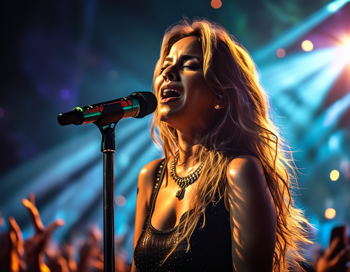A photo of Shakira in concert, passionately performing to a crowd, with vibrant stage lights illuminating the scene, encapsulating the energy and emotion of live music events.