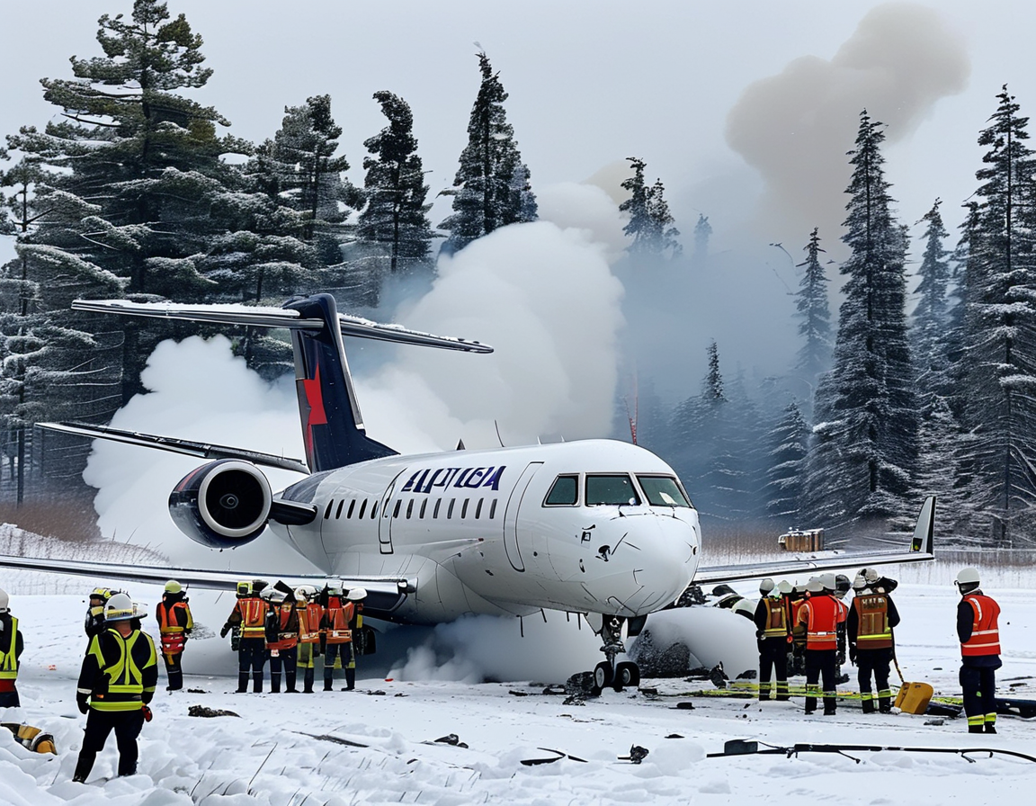 A dramatic view of the overturned Delta aircraft, the Mitsubishi CRJ-900LR, at Toronto Airport, with emergency responders surrounding the scene amidst swirling snow and smoke rising from the plane.