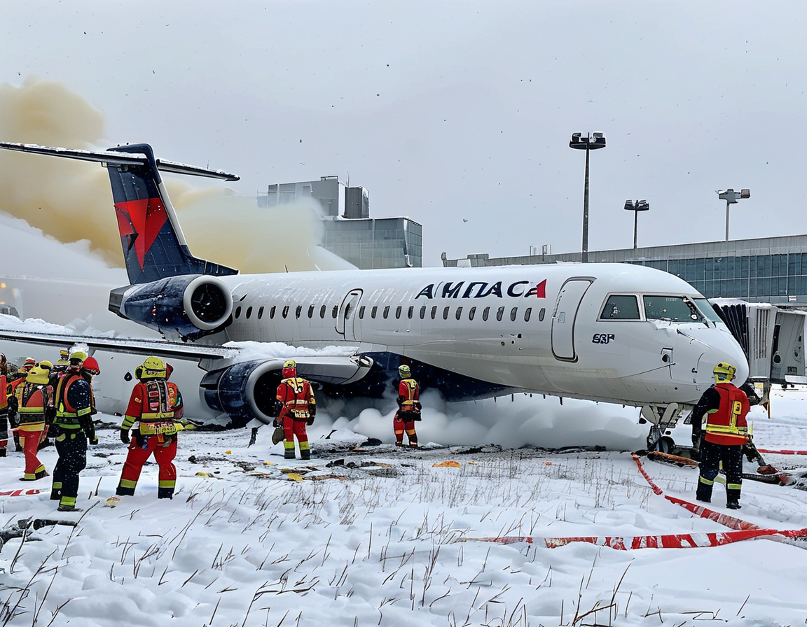 Passengers being assisted by emergency workers at the scene of the flipped Delta plane, showcasing the chaos and urgency as they search for those injured in the accident.