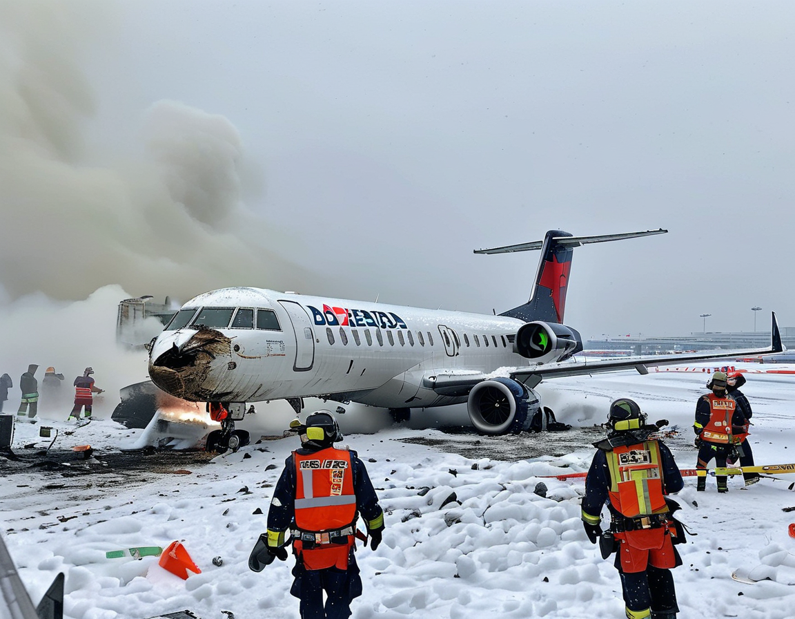 A close-up shot of the snow-covered runway at Toronto Pearson Airport, with emergency vehicles attending to the overturned jet in the background, highlighting the adverse weather conditions.