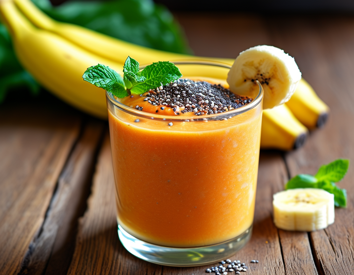 A vibrant banana and carrot smoothie filled with fresh ingredients, garnished with a slice of banana and a sprig of mint, served in a clear glass on a wooden table.