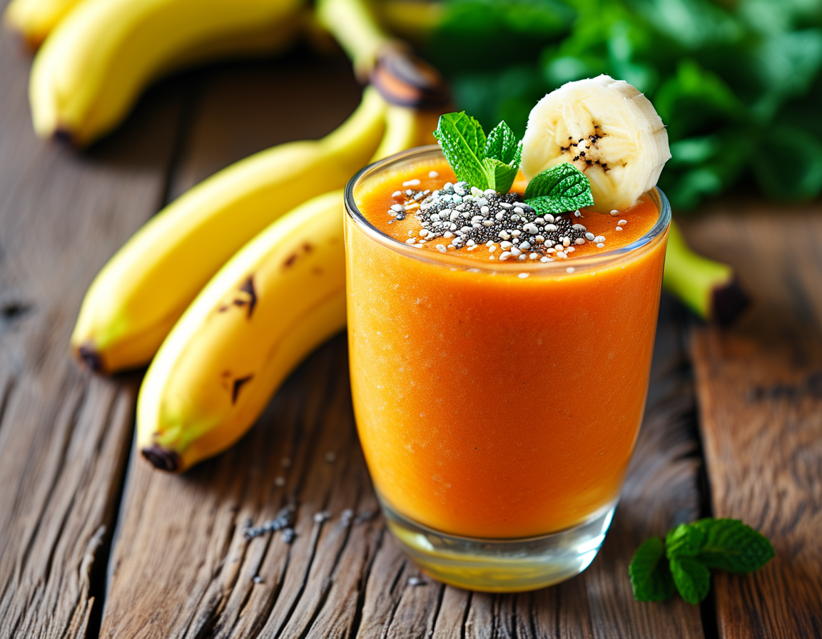 Close-up of a blender filled with chopped bananas, carrots, and a hint of ginger, ready to be blended into a creamy, colorful smoothie.