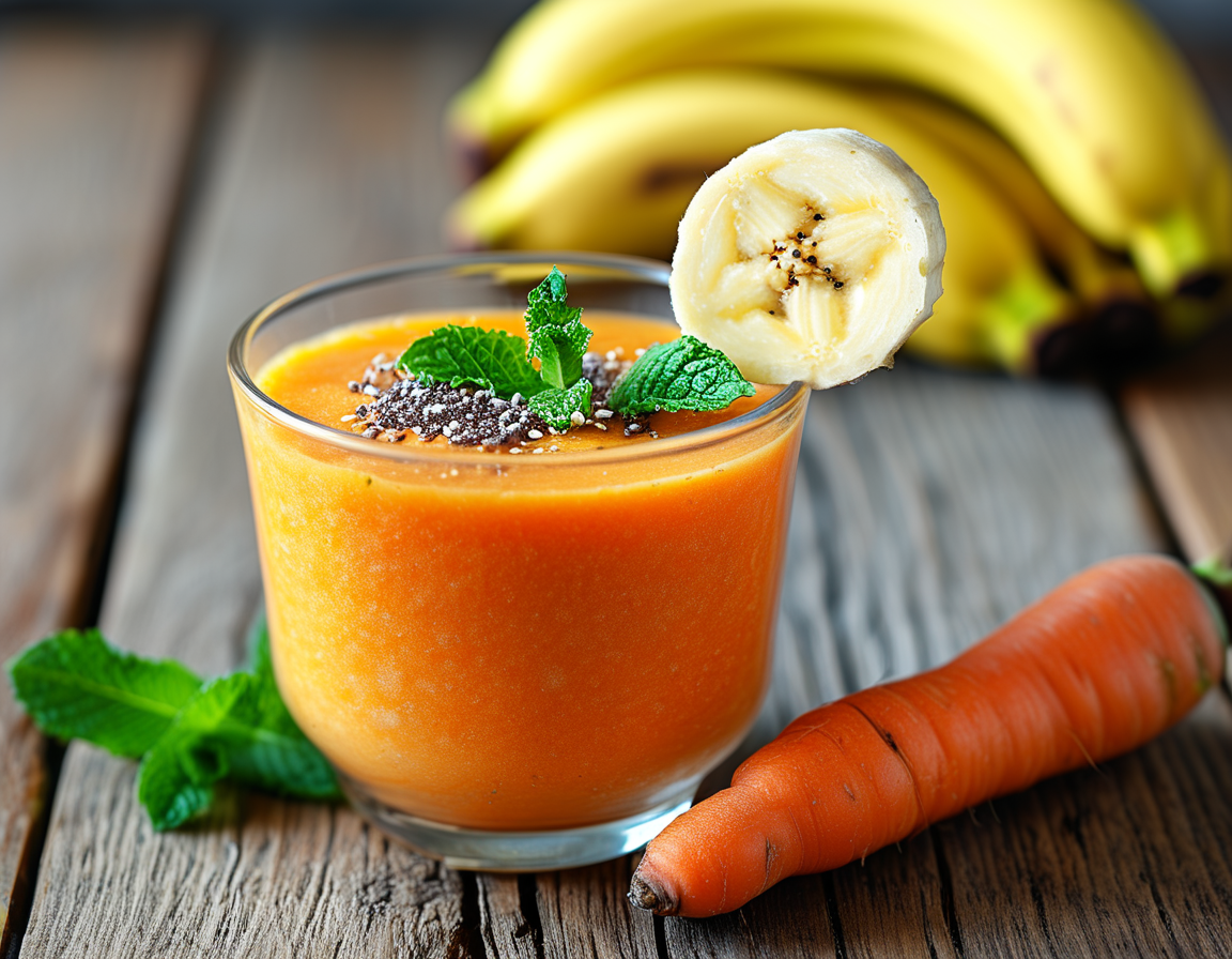 A refreshing banana and carrot smoothie in a colorful glass, surrounded by fresh carrots and ripe bananas, showcasing the nutritious ingredients used.
