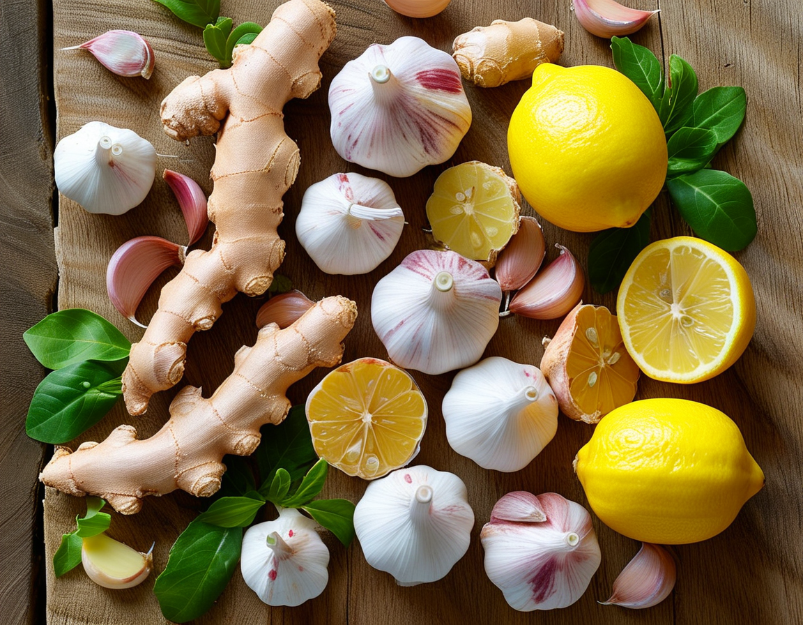 A vibrant assortment of fresh garlic, ginger roots, and bright lemons arranged on a wooden surface, symbolizing their health benefits and culinary uses. The colors and textures highlight the natural beauty of these ingredients.