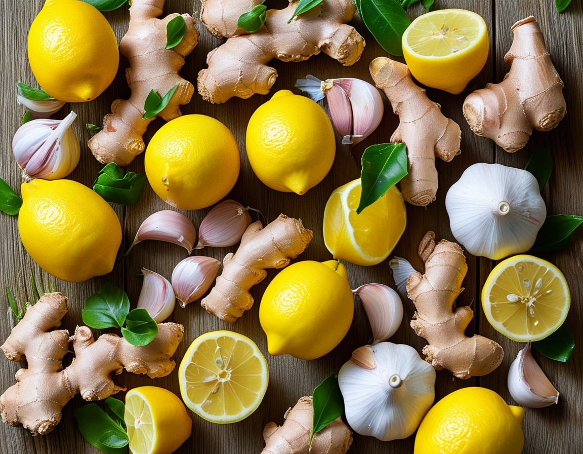 A steaming cup of ginger-lemon tea with a slice of lemon and a sprinkle of garlic on the side, conveying warmth and comfort. This image represents the healing properties of these combined ingredients.