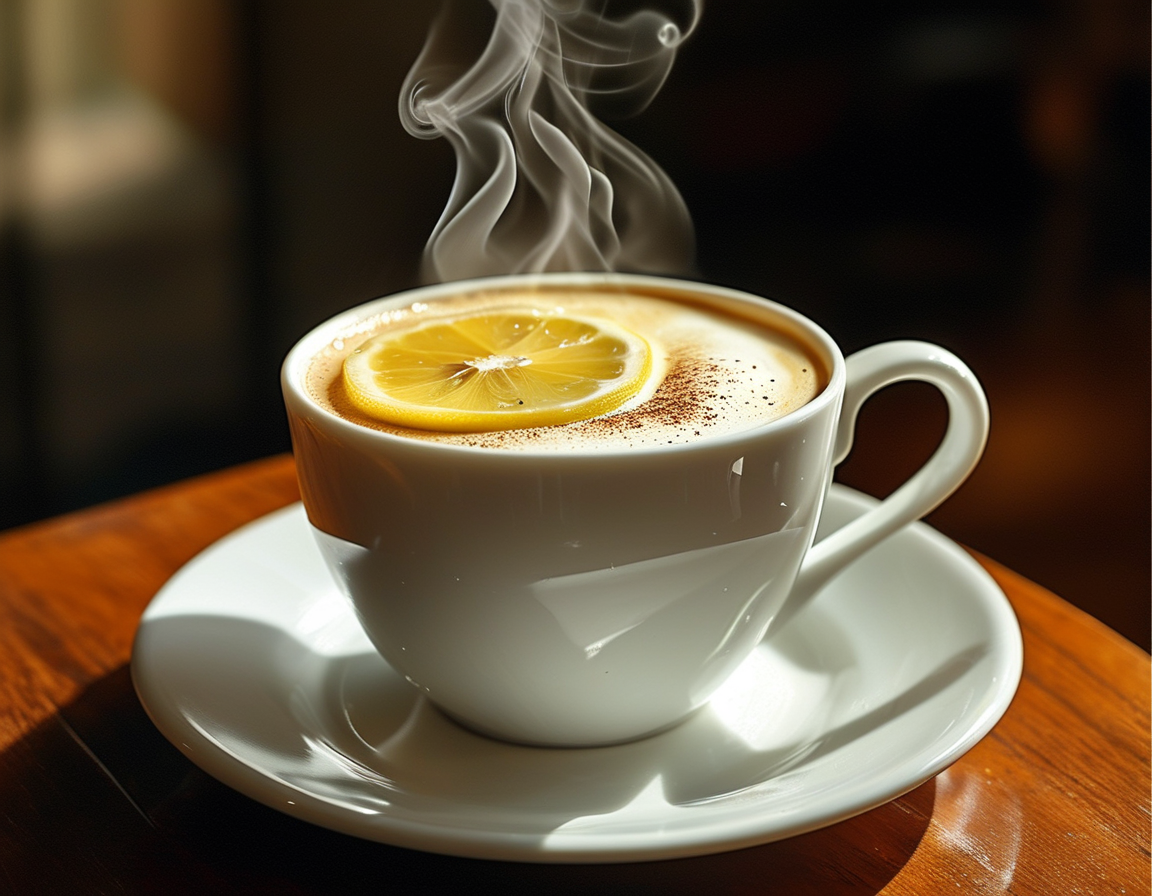 A refreshing image featuring a cup of steaming coffee topped with a slice of lemon, symbolizing the invigorating blend of flavors and health benefits the article discusses.