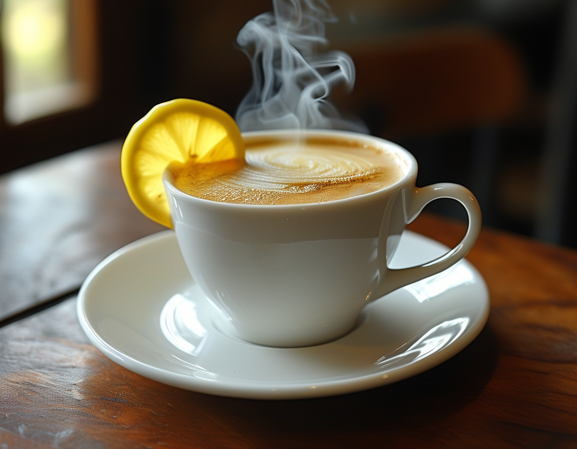 An overhead shot of a morning setup with coffee, lemon slices, and a glass of warm lemon water, illustrating the vibrant start to a healthy day.