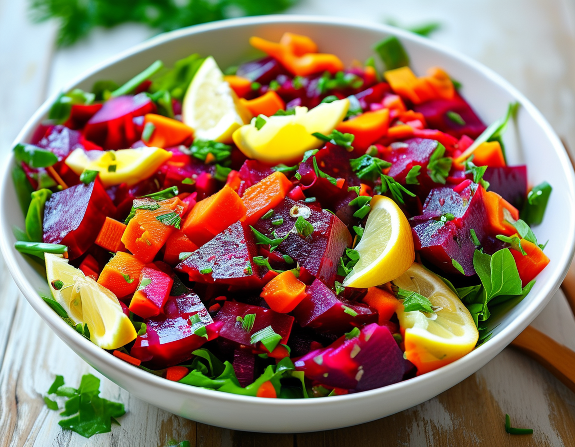 A colorful bowl of beetroot, apple, and carrot salad garnished with lemon slices, showcasing the vibrant red, orange, and green colors that suggest freshness and health benefits.