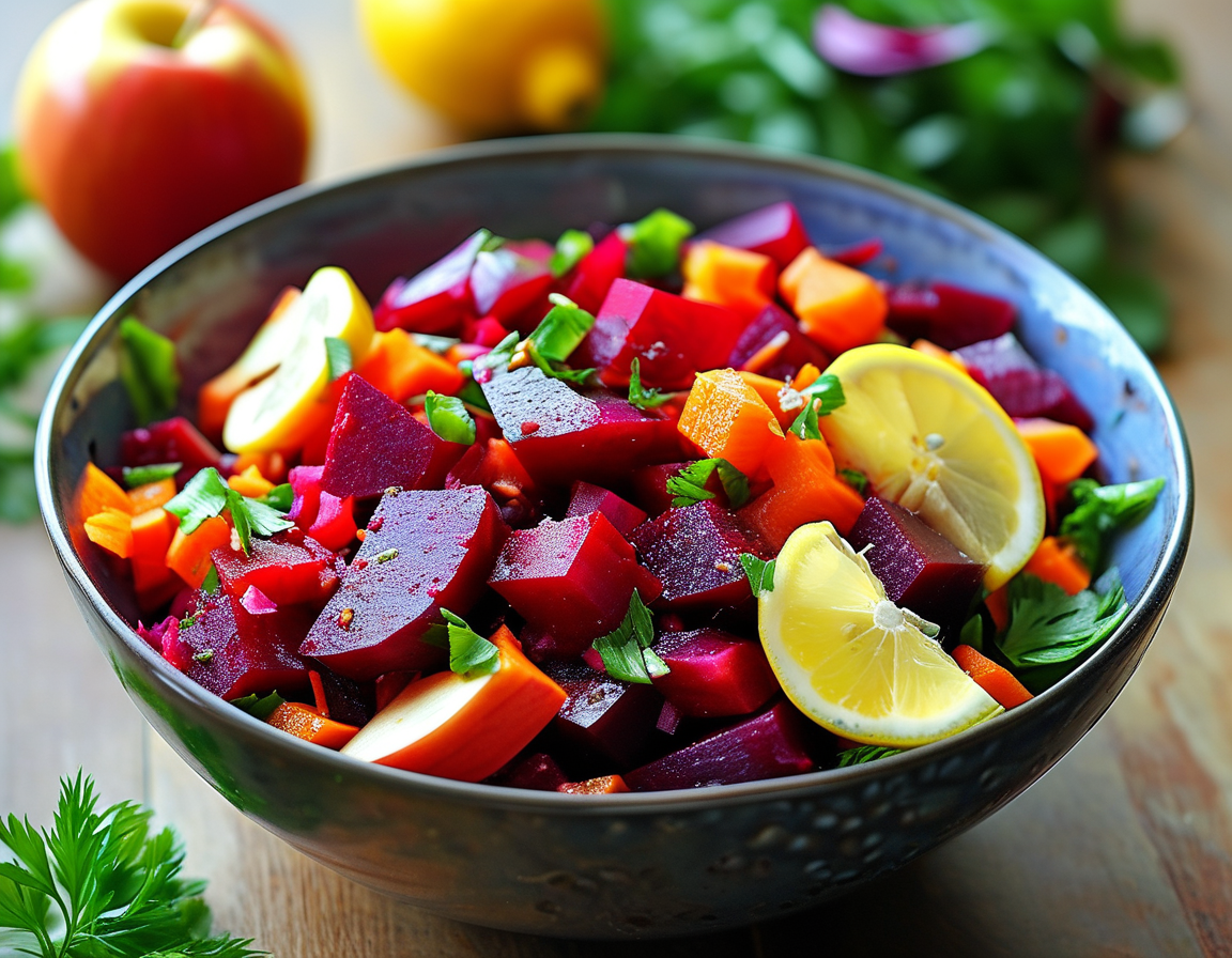 An overhead view of freshly grated beetroot and carrot next to sliced apples on a chopping board, emphasizing the preparation process of the nutritious salad ingredients.