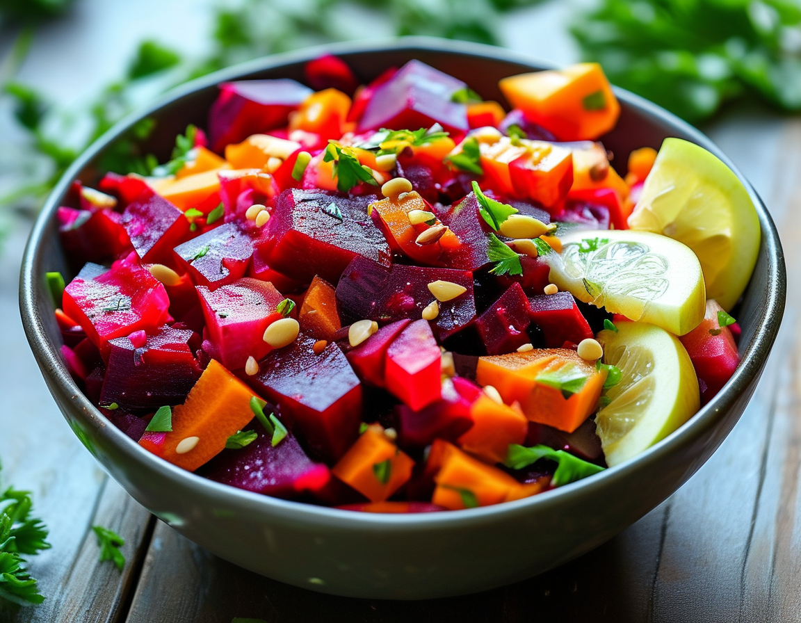 A close-up of a fork picking up a bite of beetroot, apple, and carrot salad, highlighting the textures and colors of the dish, inviting viewers to enjoy a healthy meal.