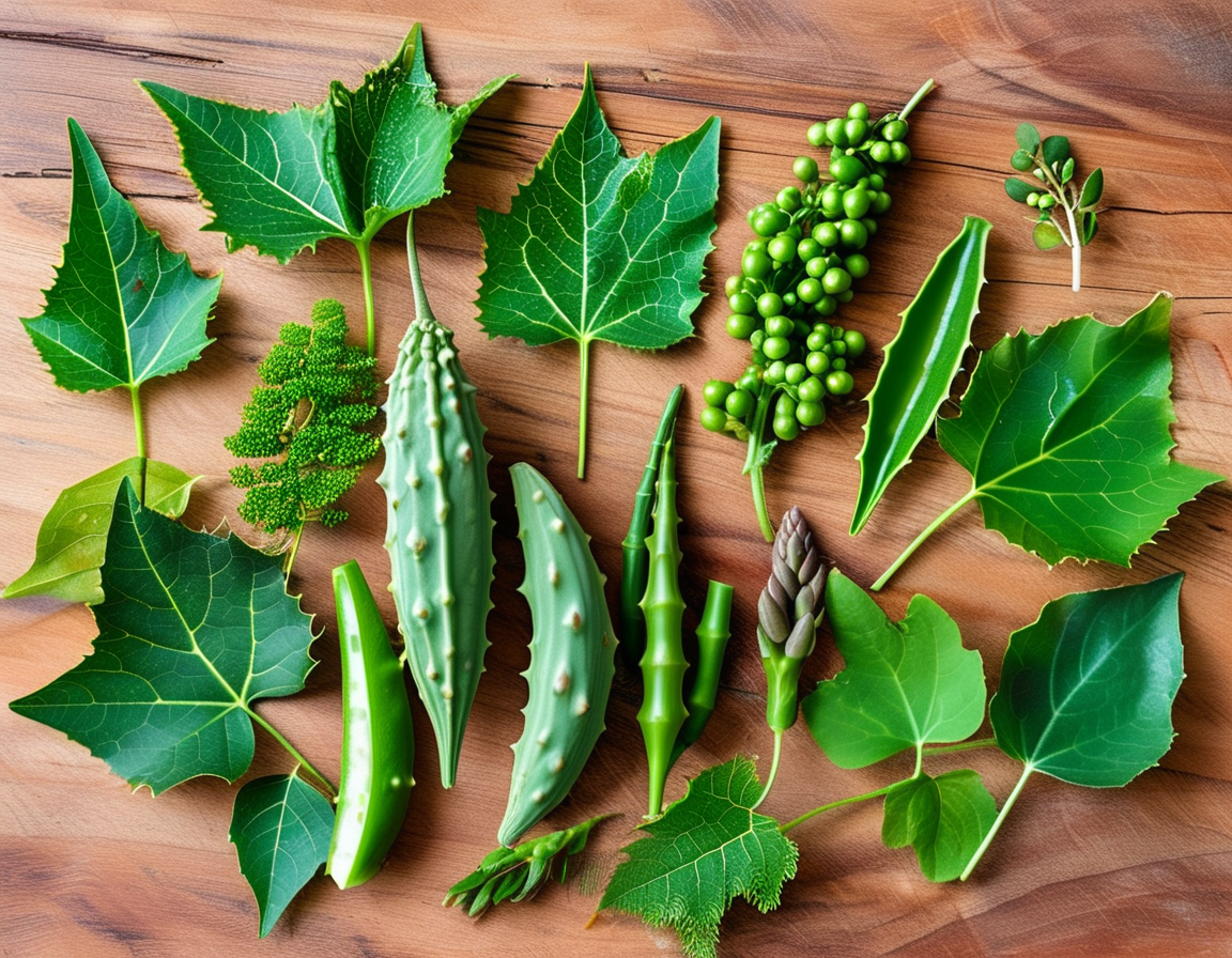 A collection of fresh, vibrant leaves including bitter gourd, neem, holy basil, aloe vera, and moringa, arranged artistically on a wooden surface, showcasing their health benefits.