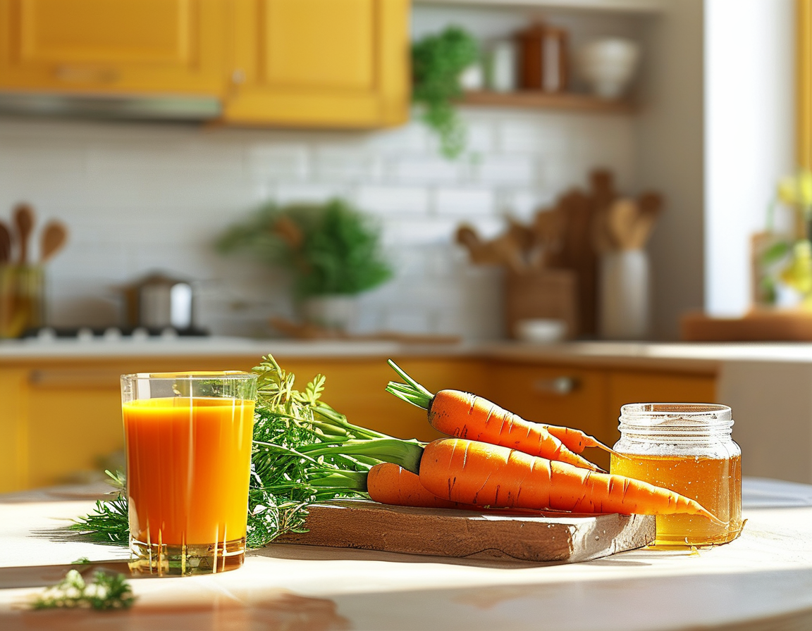 A bright and inviting kitchen scene showcasing a glass of vibrant carrot juice alongside a jar of golden honey, reflecting the natural ingredients used for skincare.