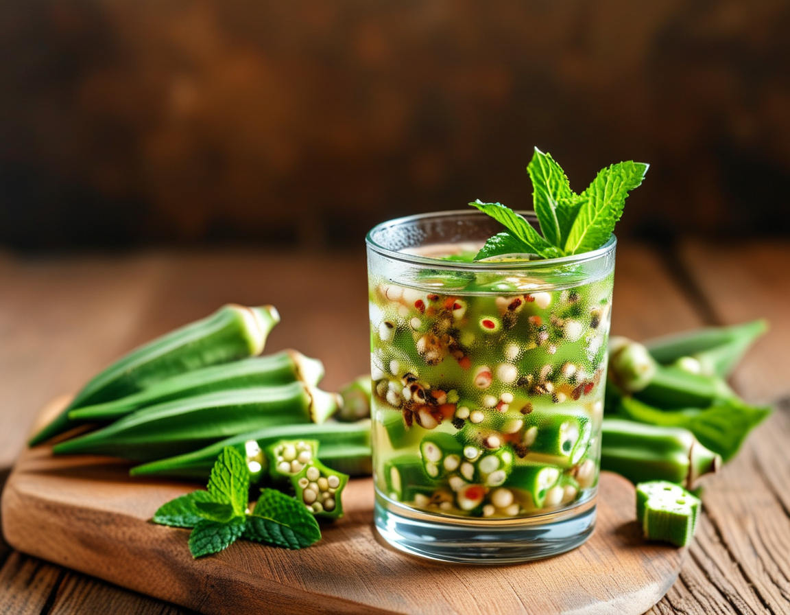 An overhead view of sliced okra in a bowl next to a clear glass of infused okra water with a slice of lemon and a sprig of mint, highlighting its preparation.