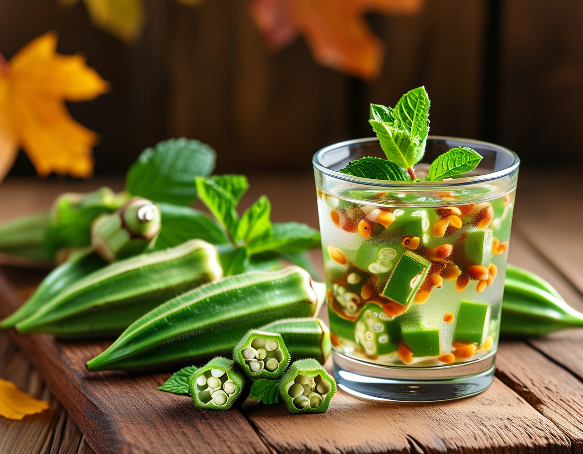 A serene setting with a bottle of okra water and a beautiful arrangement of green okra pods and herbs, symbolizing natural health and hydration.