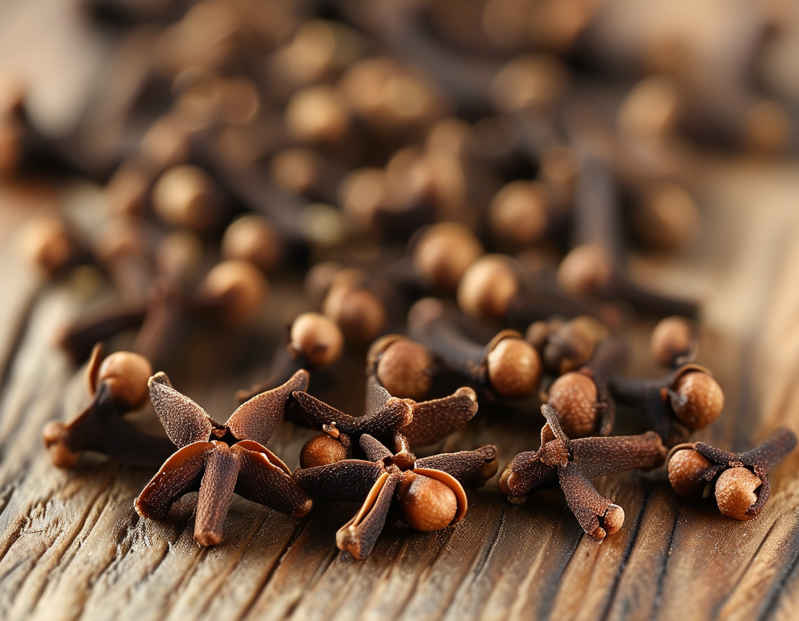 A close-up image of whole cloves scattered on a wooden surface, showcasing their rich brown color and unique shape, ideal for illustrating their culinary and health benefits.