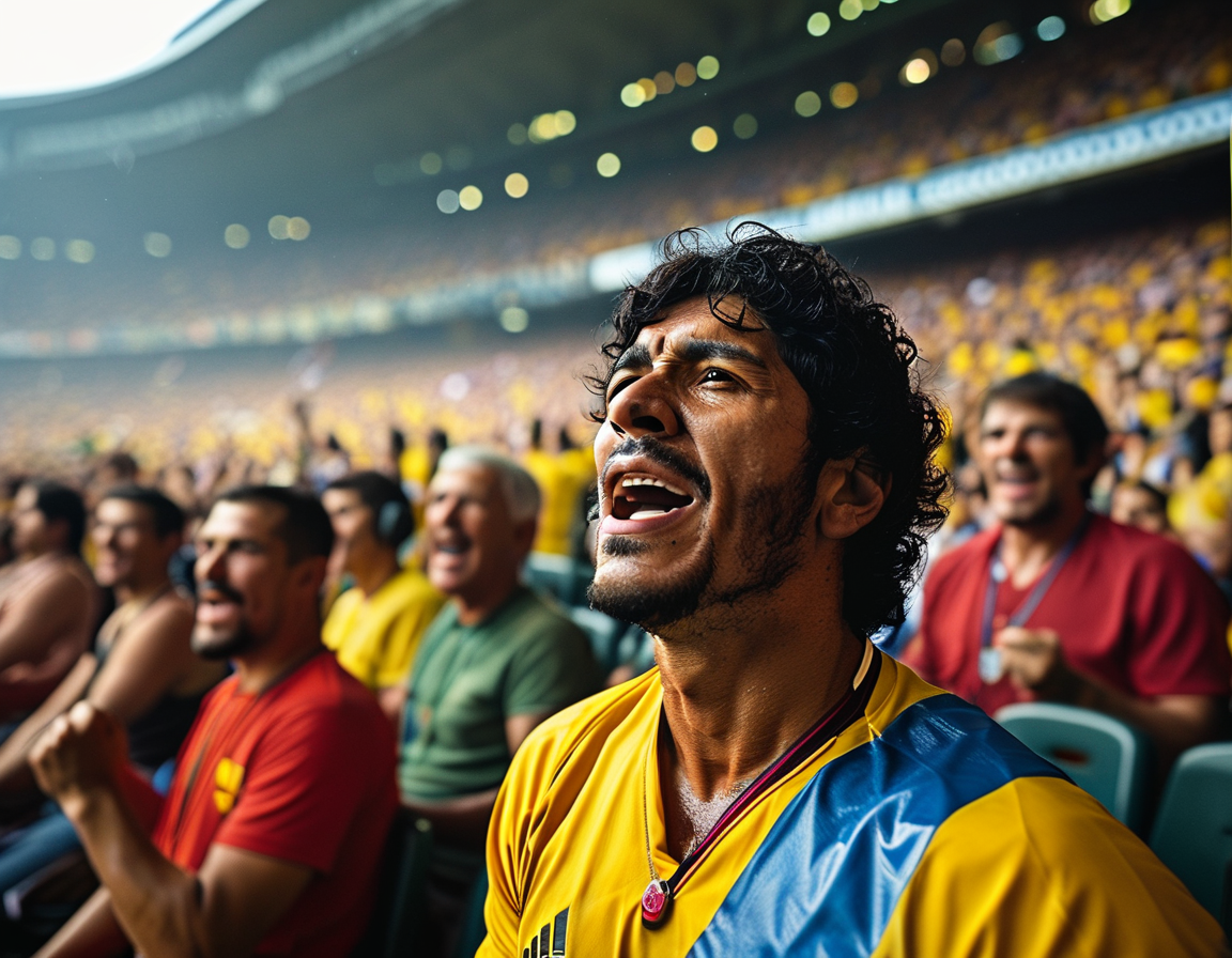 A packed stadium filled with passionate fans, some standing and cheering enthusiastically as Santa Fe's Hugo Rodallega scores the opening goal, highlighting the excitement of the Copa Libertadores.