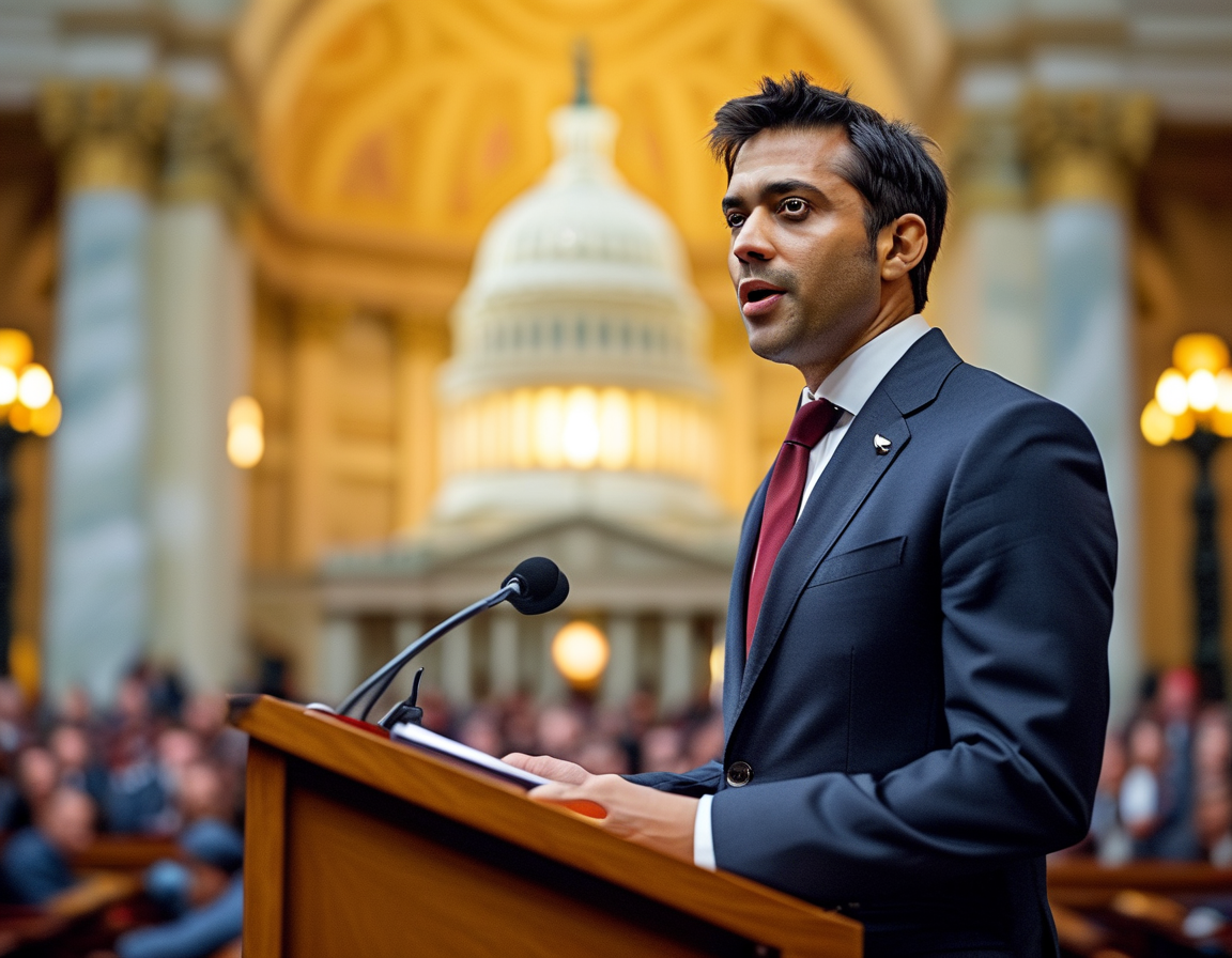 An image of Kash Patel speaking at a podium, set against a backdrop of the U.S. Capitol, symbolizing his nomination and the political debate surrounding it.