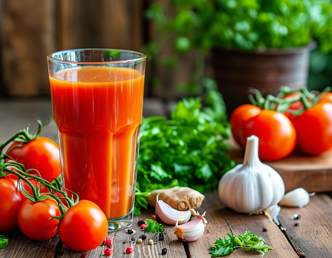 A vibrant glass of fresh tomato juice mixed with garlic and ginger, surrounded by fresh ingredients on a wooden table, showcasing their potent health benefits.