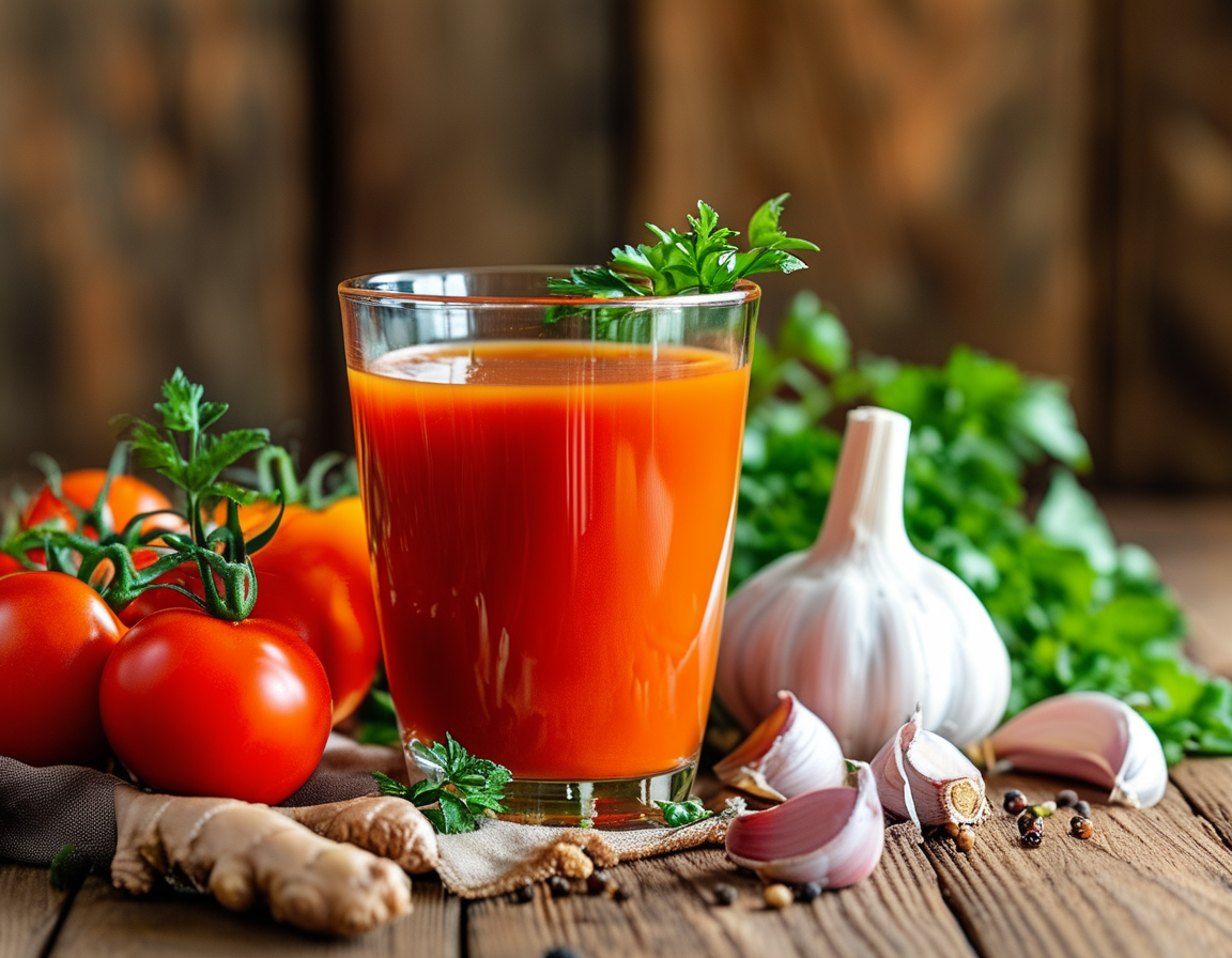 Close-up of garlic cloves, ginger roots, and ripe tomatoes arranged artistically, emphasizing the natural ingredients used in the health-boosting drink.