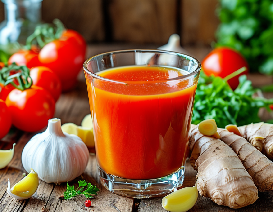 A dynamic kitchen scene with a person preparing a nutritious drink with garlic, ginger, and tomato, highlighting a healthy lifestyle and natural remedies.